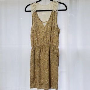 Cat Print Dress in Yellow with Crochet back  M
